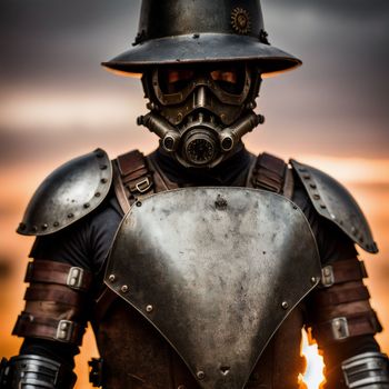 man wearing a gas mask and armor standing in front of a sunset