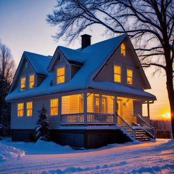 large house with a lot of windows covered in snow at sunset