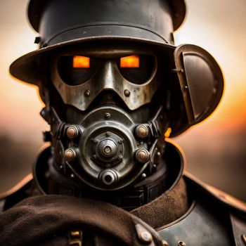 close up of a person wearing a gas mask and a hat