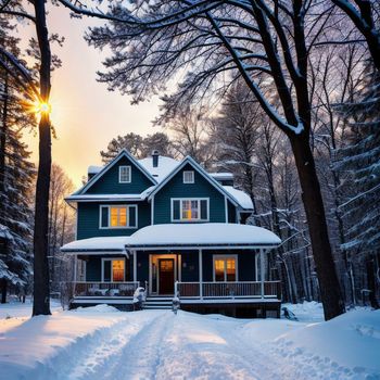 large blue house sitting in the middle of a snow covered forest