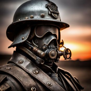 close up of a person wearing a helmet and a gas mask