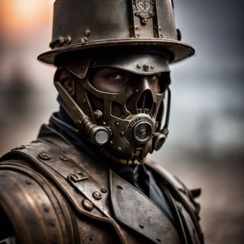 close up of a person wearing a steam punk outfit and a helmet