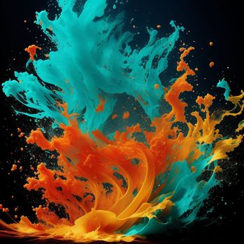 an orange and blue liquid splashing into the air on a black background