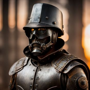 close up of a person wearing a metal armor suit and helmet