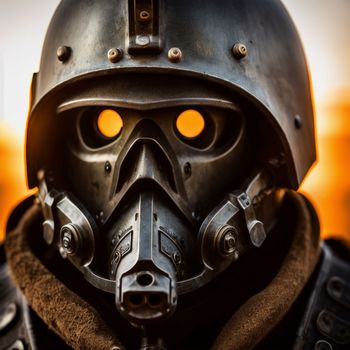 close up of a person wearing a gas mask with yellow eyes