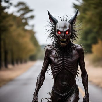 creepy creature with red eyes walking down a road with trees in the background