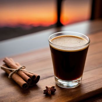 glass of dark liquid sitting on top of a wooden table next to cinnamon sticks