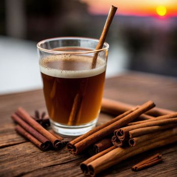 glass of liquid and cinnamon sticks on a table with a sunset in the background