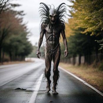 creepy creature walking down a road in the middle of the day