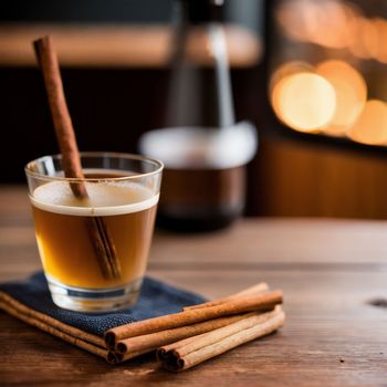 glass of alcohol with cinnamon sticks on a napkin and a bottle in the background