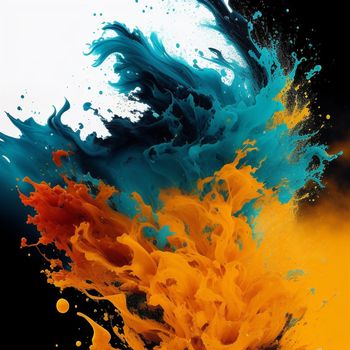 an orange and blue liquid splashing against a black and white background