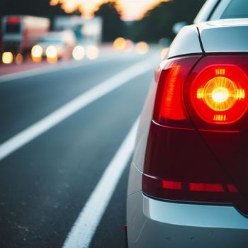 close up of a car's tail light on a highway