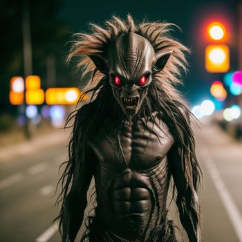 creepy creature with red eyes standing in the middle of a street