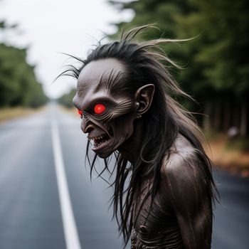 creepy creature with red eyes standing in the middle of a road