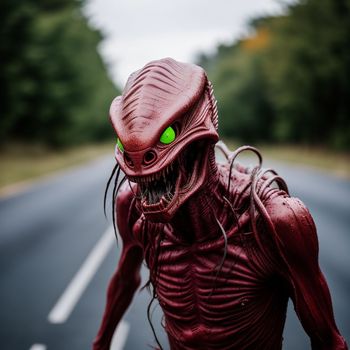 creepy creature with green eyes standing in the middle of a road