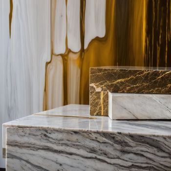 close up of a marble table with a gold and white background