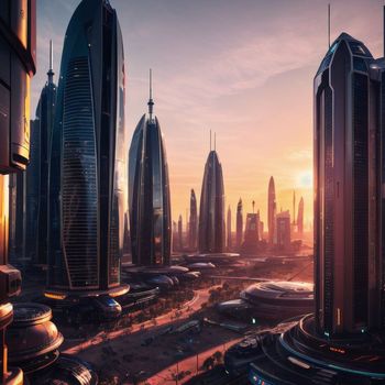 futuristic city with skyscrapers and a sunset in the background, from a distance