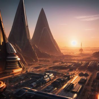 an artist's rendering of a futuristic city with mountains in the background