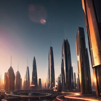 futuristic city with skyscrapers in the middle of the city at sunset