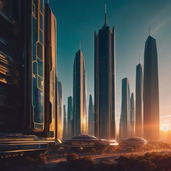 an artist's rendering of a futuristic city with skyscrapers in the background