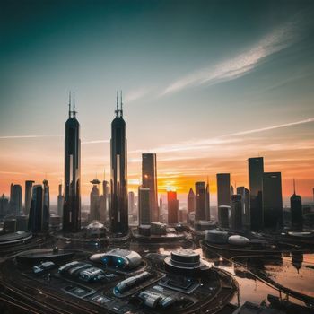 an aerial view of a city with skyscrapers and a sunset in the background