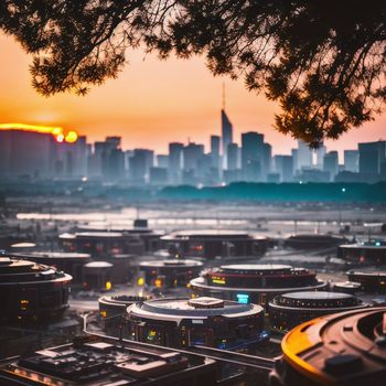 view of a city at sunset from the top of a hill