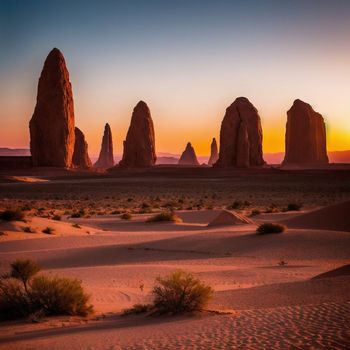 desert landscape at sunset with rock formations in the foreground and sand dunes in the foreground