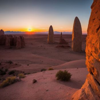 the sun sets over a desert landscape with rock formations in the foreground