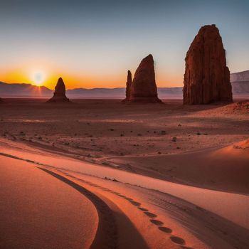 desert scene with footprints in the sand and a sunset in the background