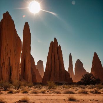 the sun shines brightly over a desert landscape with tall rock formations