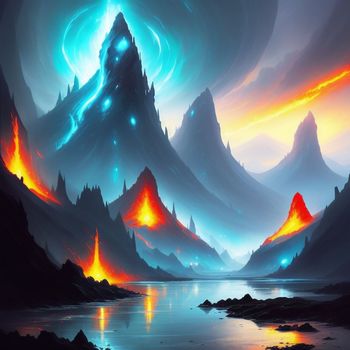 painting of a mountain range with lava and fire coming out of it