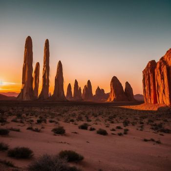 desert landscape with tall rock formations at sunset in the distance, with the sun setting in the distance