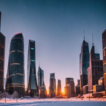 city skyline with skyscrapers in the background at dusk, with snow on the ground in the foreground