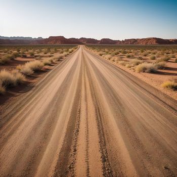 dirt road in the middle of a desert with mountains in the background