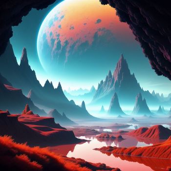 an artist's rendering of an alien landscape with mountains and a red moon