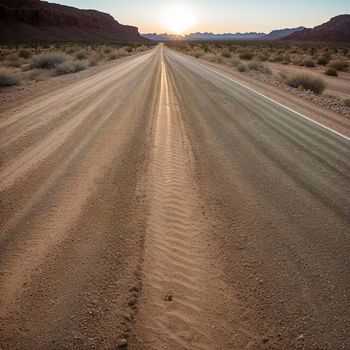 the sun is setting on a desert road in the middle of nowhere