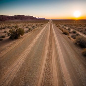 dirt road in the middle of a desert with the sun setting in the background