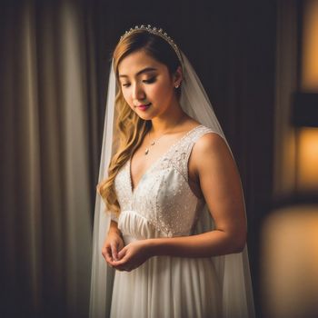 woman in a wedding dress is looking down at her wedding dress