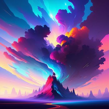 painting of a mountain with a colorful cloud formation in the sky