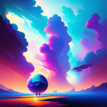 painting of a colorful sky with clouds and a large ball in the middle