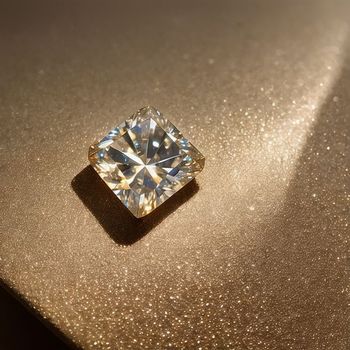 square cut diamond sitting on top of a golden table cloth with a sparkley background