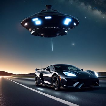 black sports car driving down a road with a flying saucer above it