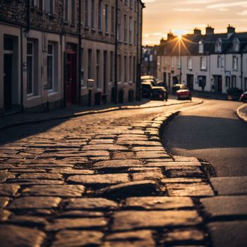 cobblestone street with cars parked on the side of it