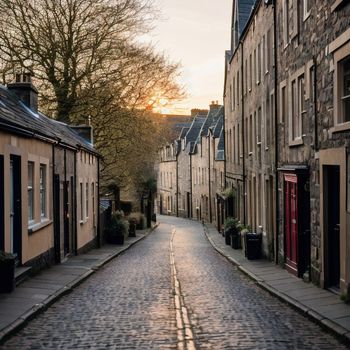 cobblestone street lined with tall buildings and a red door