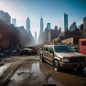 dirty city street with two trucks parked on the side of it