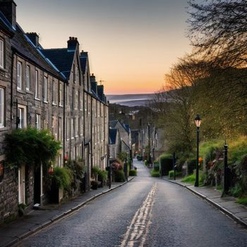 street lined with tall brick buildings next to a street light at sunset