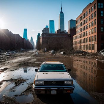 car is parked in the middle of a flooded street in a city