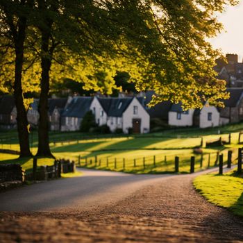 country road with houses and trees on both sides of it and a bench on the other side of the road