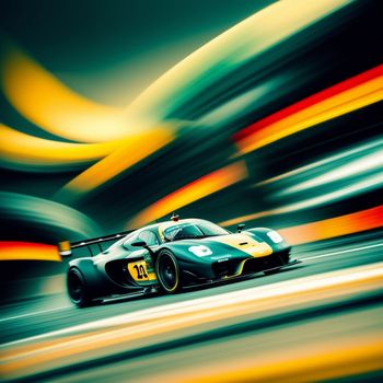 racing car speeding down a street with blurry lights in the background