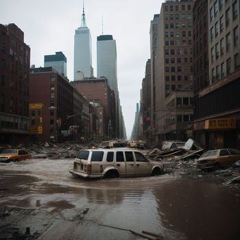 car is driving through a flooded street in a city with skyscrapers in the background